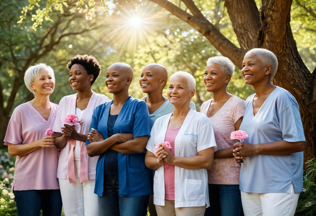 A powerful, uplifting scene depicting a diverse group of cancer survivors sharing their stories in a bright, supportive environment. Soft sunlight filtering through trees creates an ambiance of hope and renewal. Visual elements such as ribbons symbolizing cancer awareness and heartfelt expressions of resilience are included. A backdrop of blooming flowers emphasizes transformation and healing. vibrant colors. super-realistic.